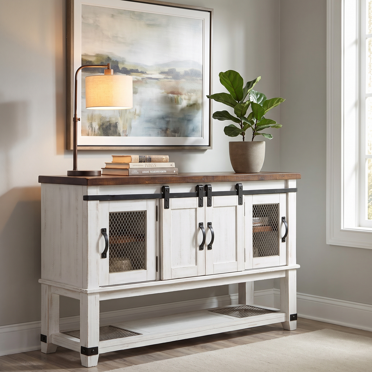 Valebeck Office Credenza, White and Brown — against a wall in a home office