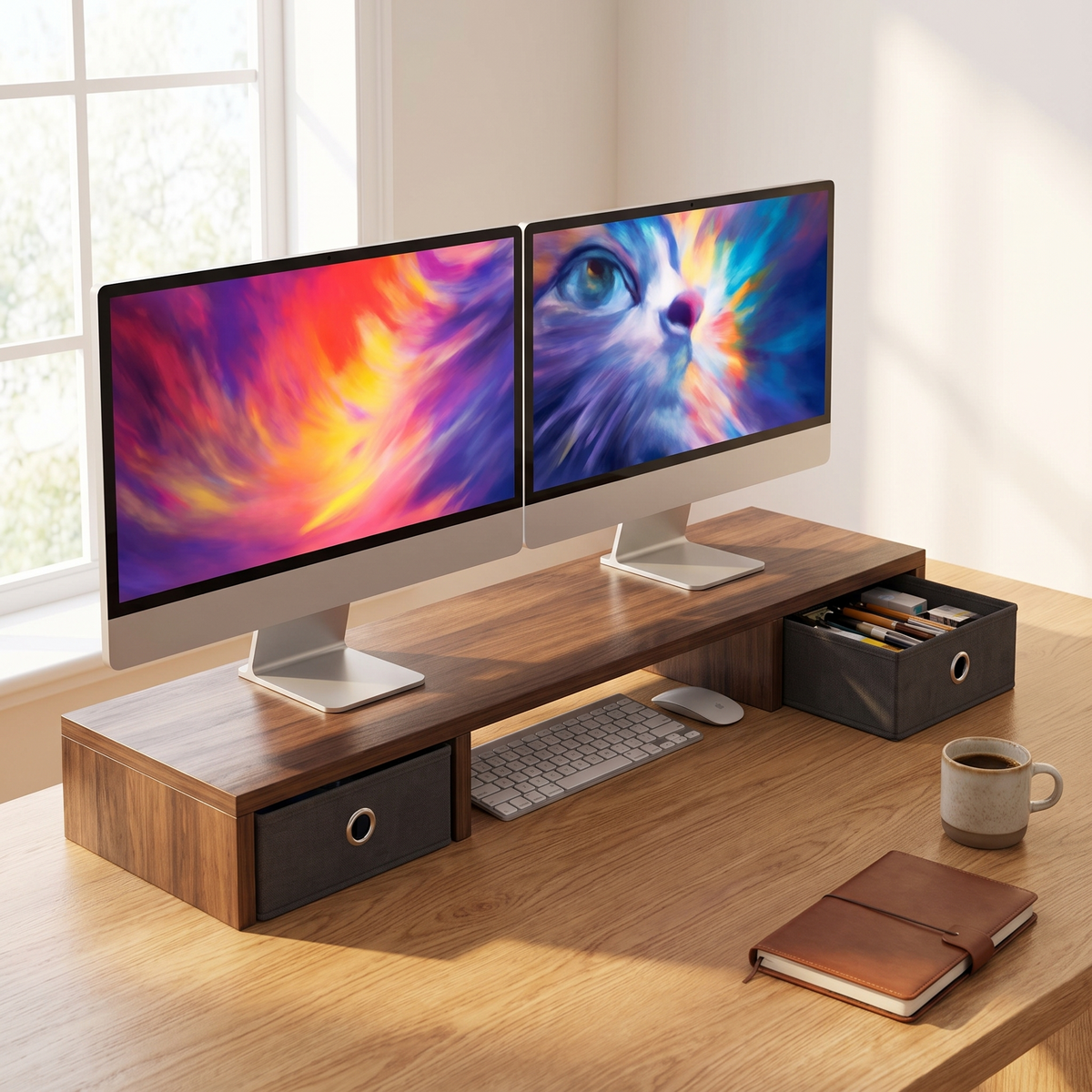 Tavola Dual Monitor Riser with Two Drawers — in use on a desk