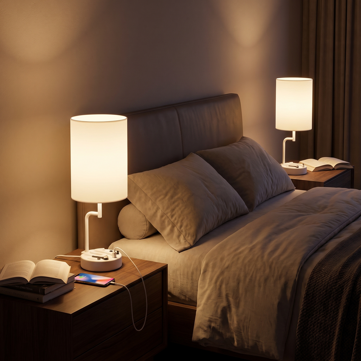 White Table Lamp with Three USB Ports — set of two on bedside tables in the evening