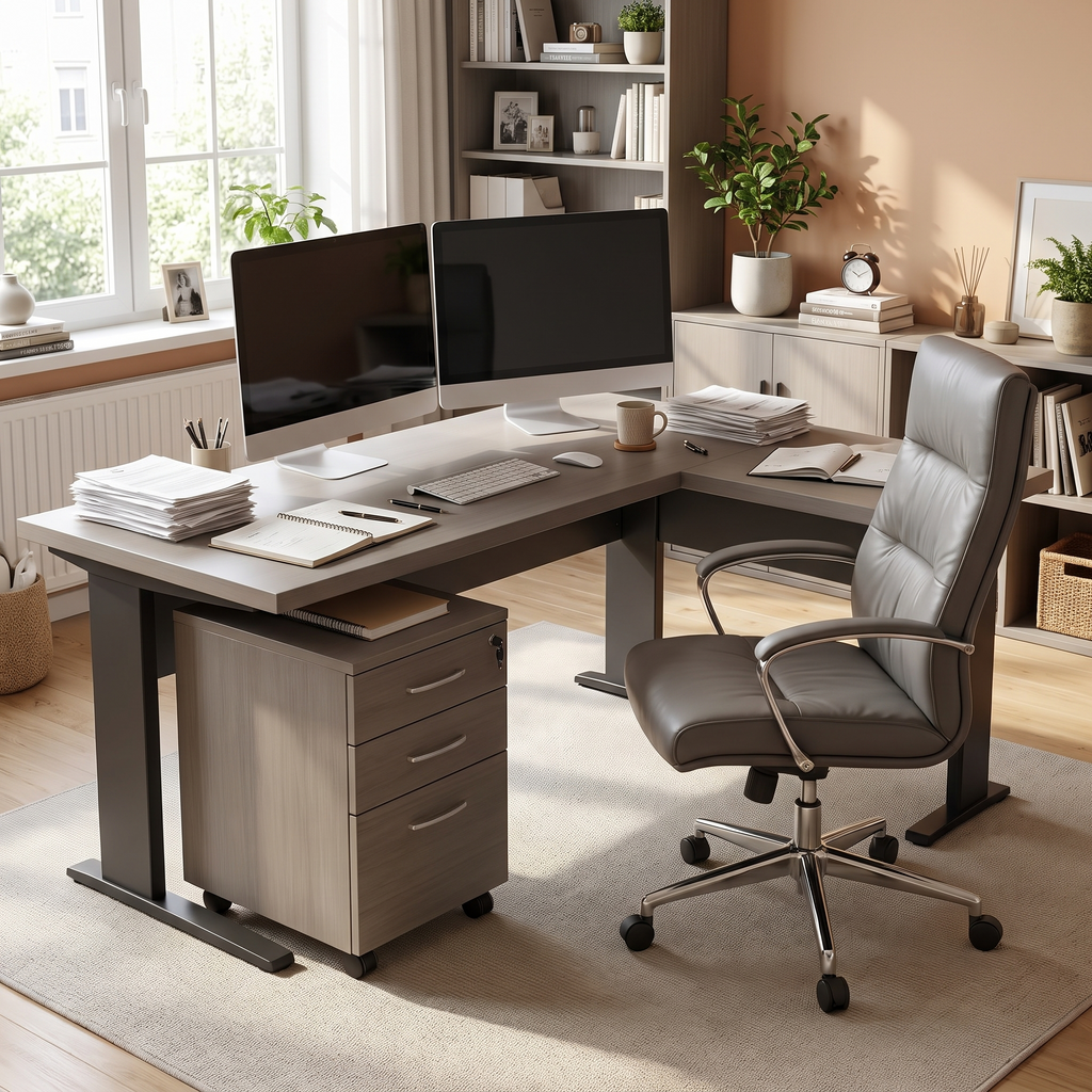 Trento Grey L Shaped Executive Desk 83 inch — with included rolling file cabinet in a home office