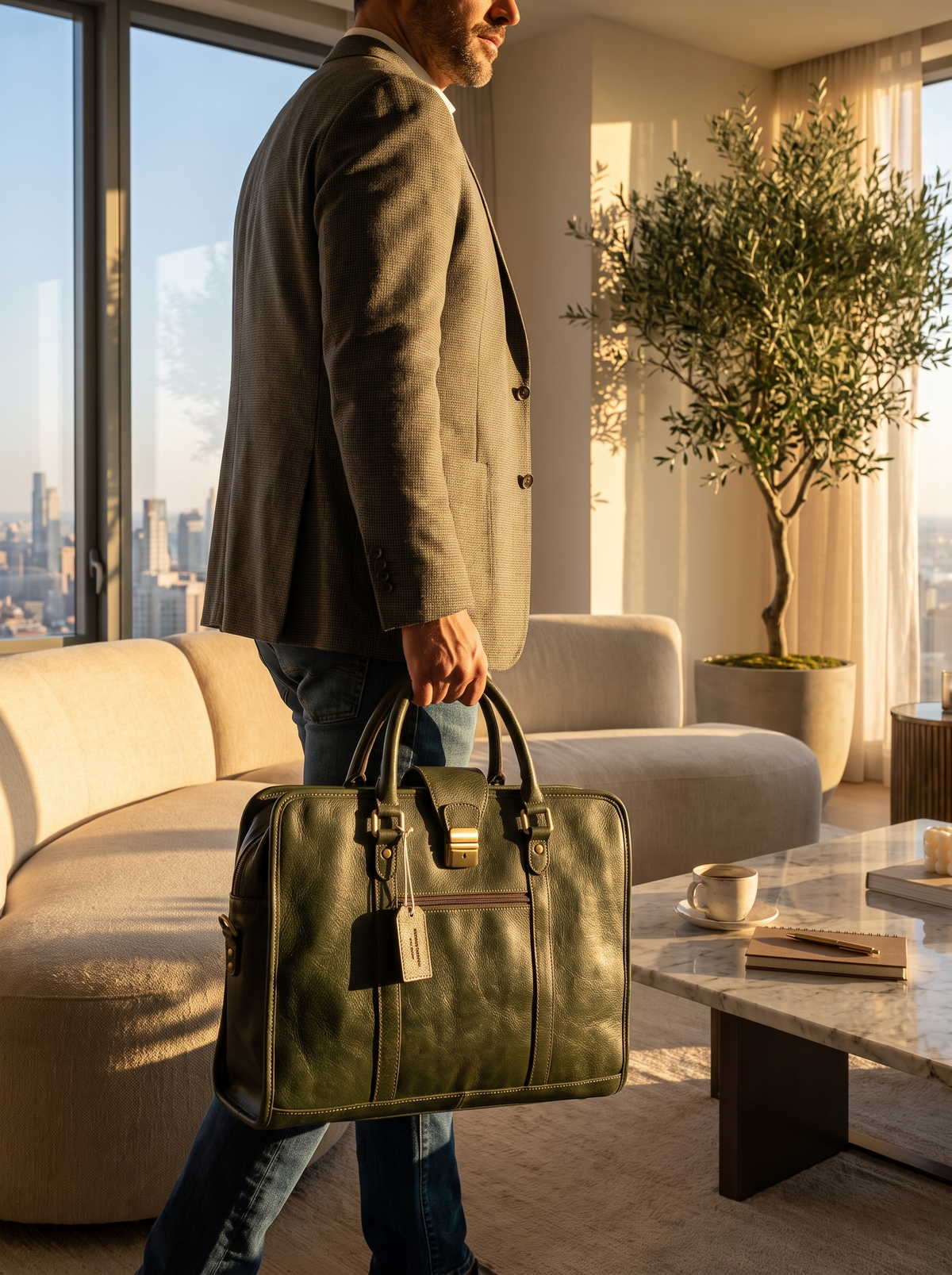 Olive Green Leather Briefcase detail
