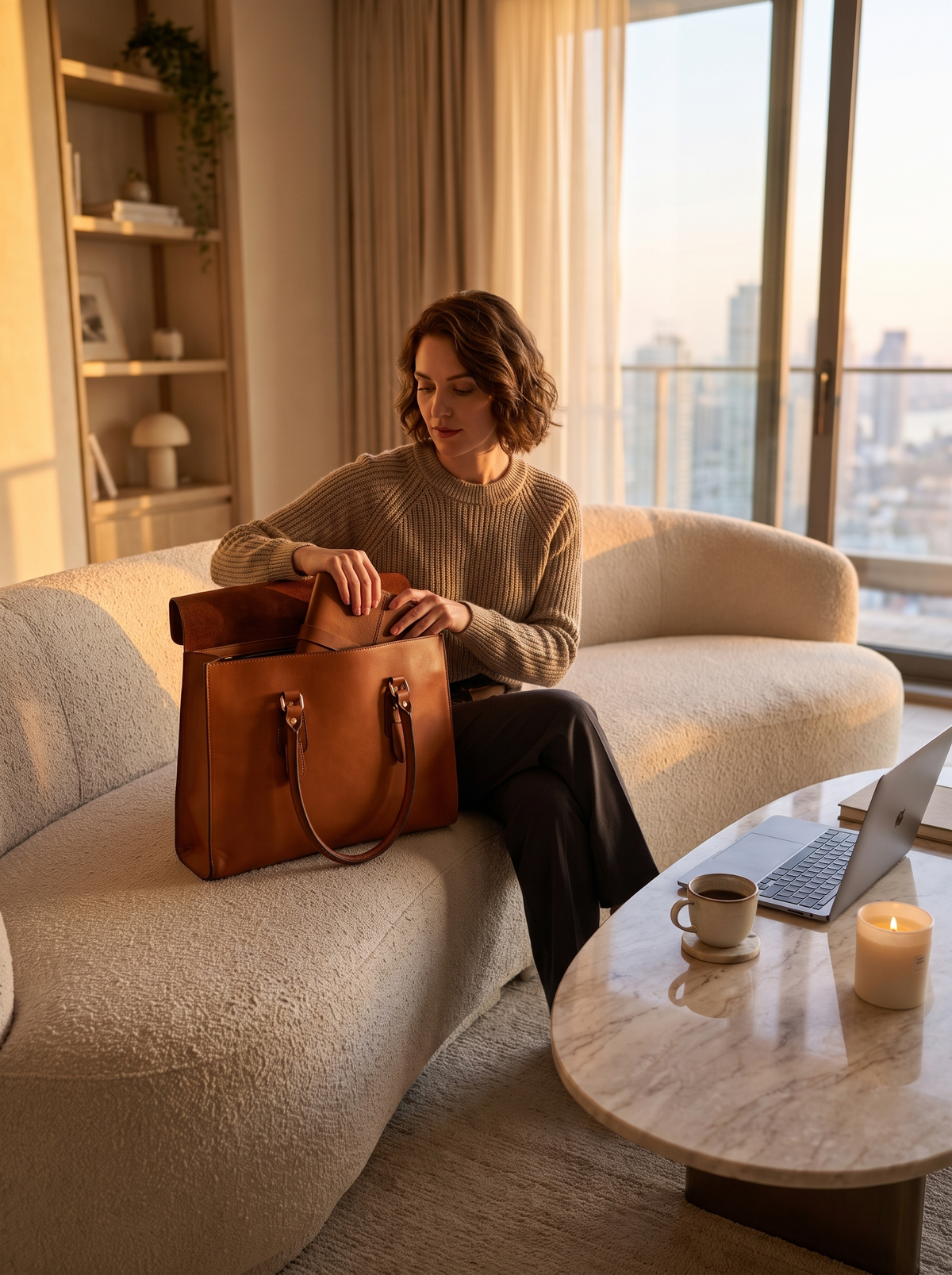 Tan Leather Laptop Bag with Flap at work