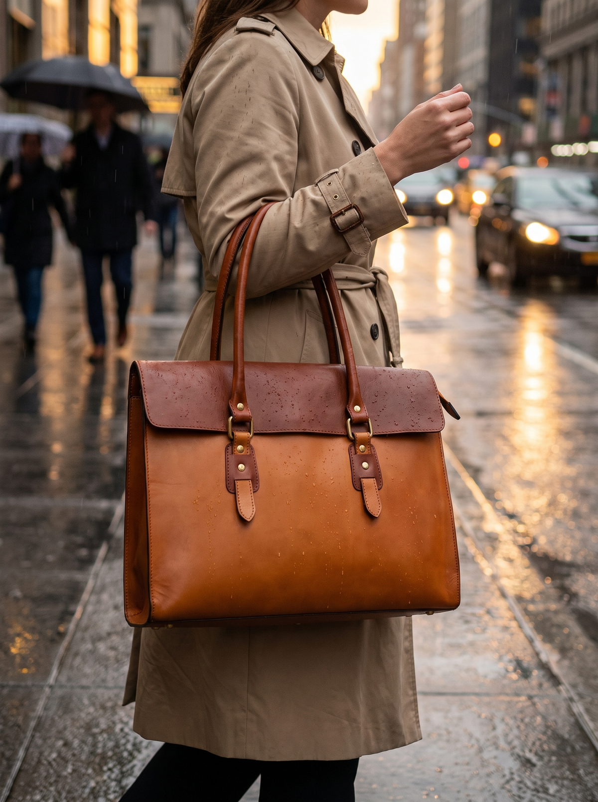 Tan Leather Laptop Bag with Flap in use