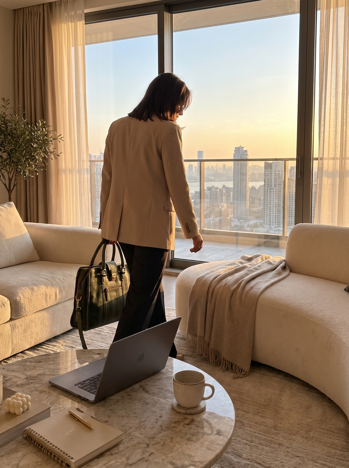 Olive Green Leather Briefcase in use
