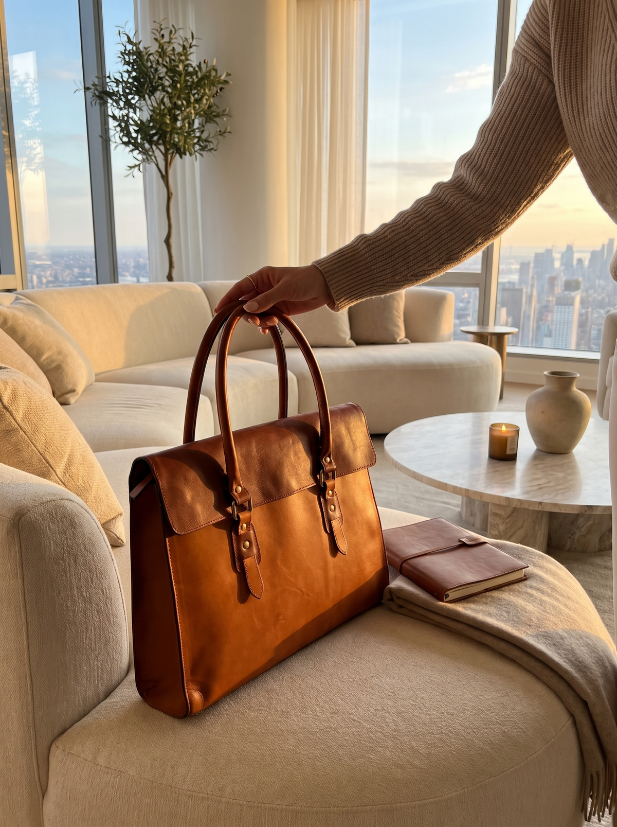 Tan Leather Laptop Bag with Flap leather detail