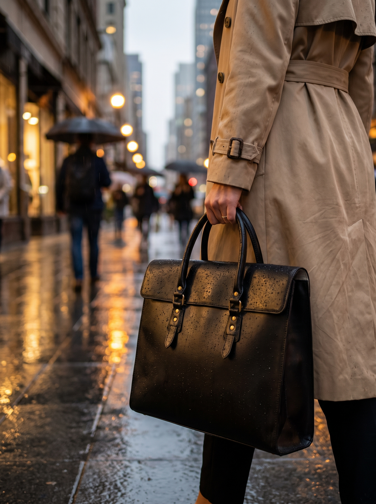 Black Leather Laptop Bag with Flap in the rain
