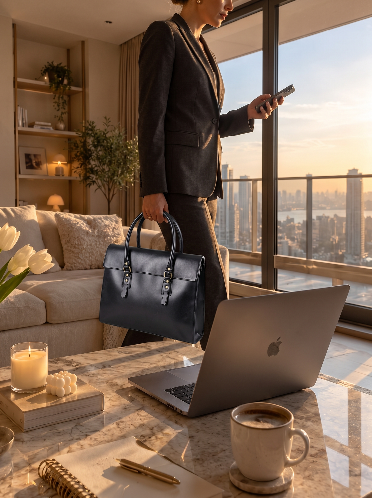 Black Leather Laptop Bag with Flap