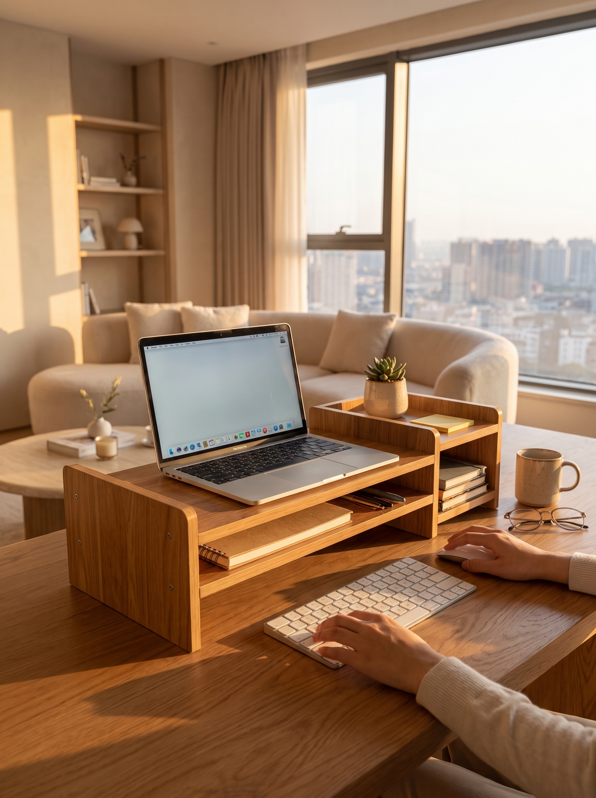 Cedro Wooden Monitor Riser on a tidy desk