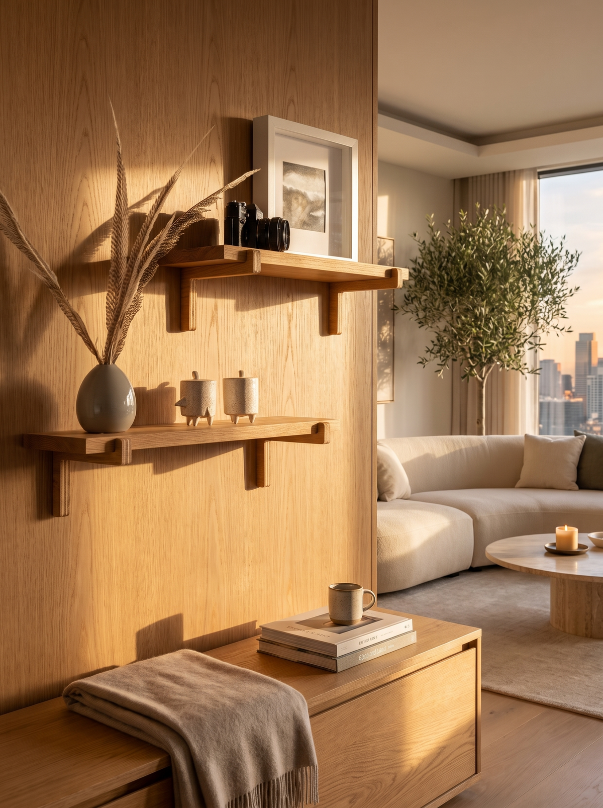 Valdo Oak Floating Wall Shelves on a wall