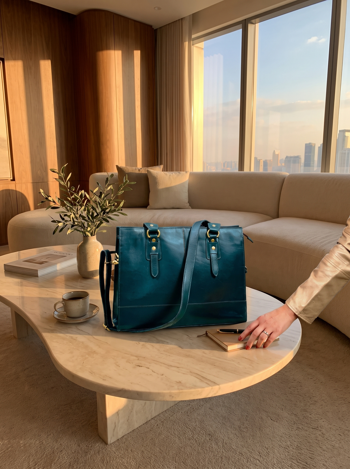 Bottle Green Leather Laptop Bag carried