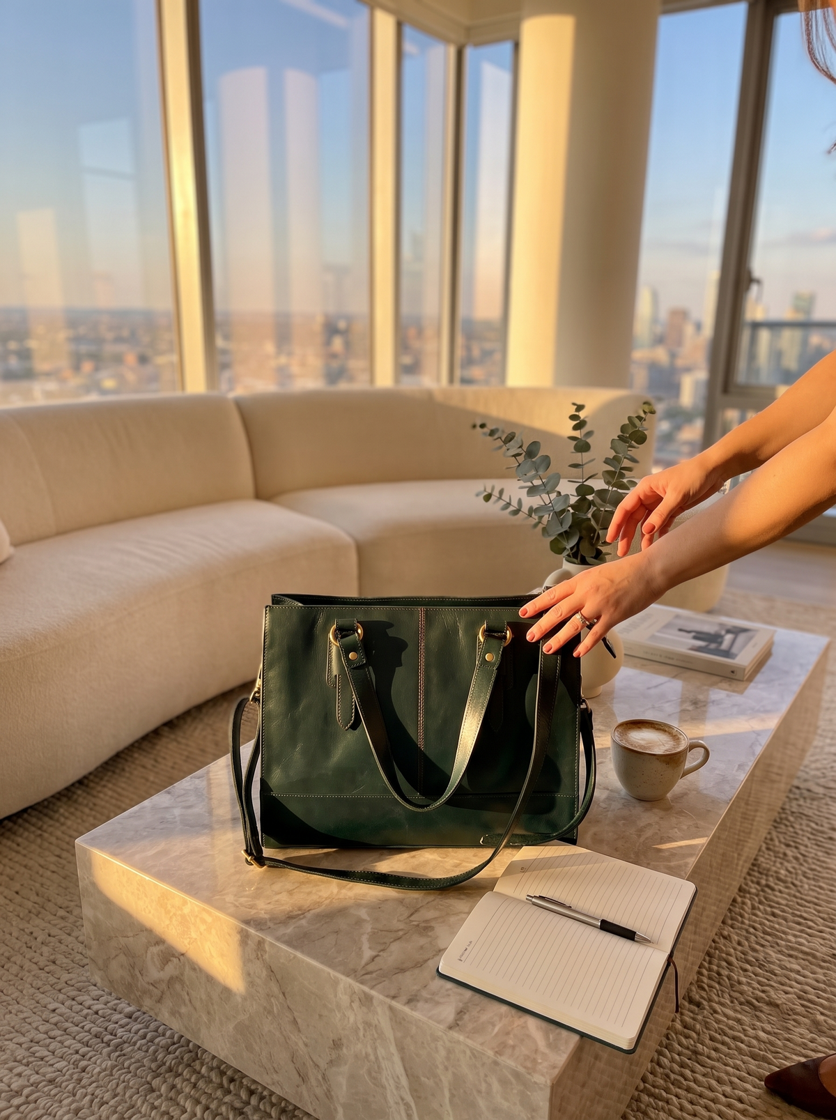 Bottle Green Leather Laptop Bag in sunlight