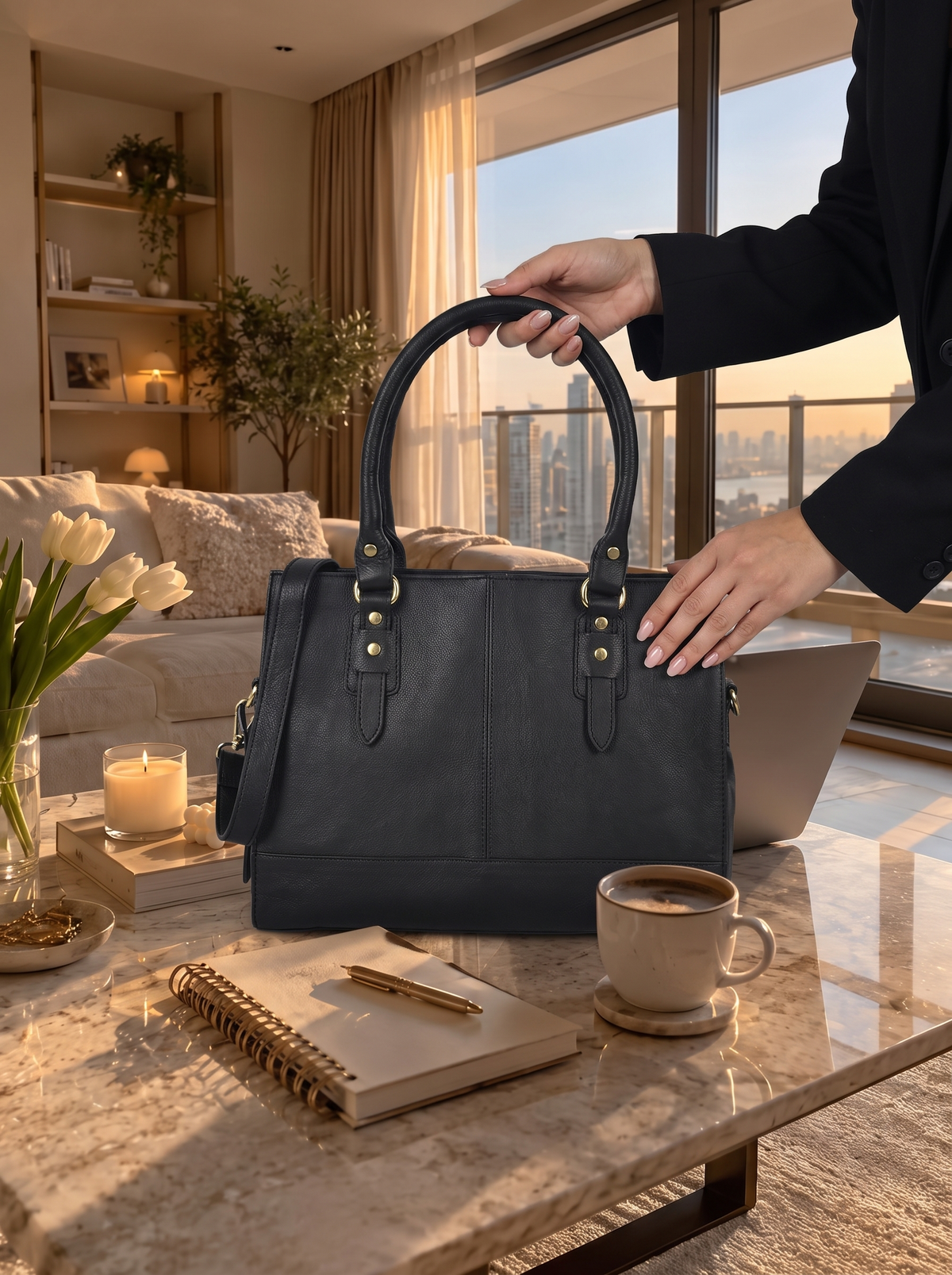 Black Leather Laptop Bag 15 Inch styled