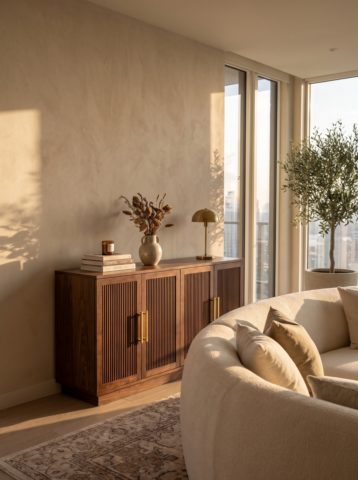 Fluted Walnut Sideboard catching light