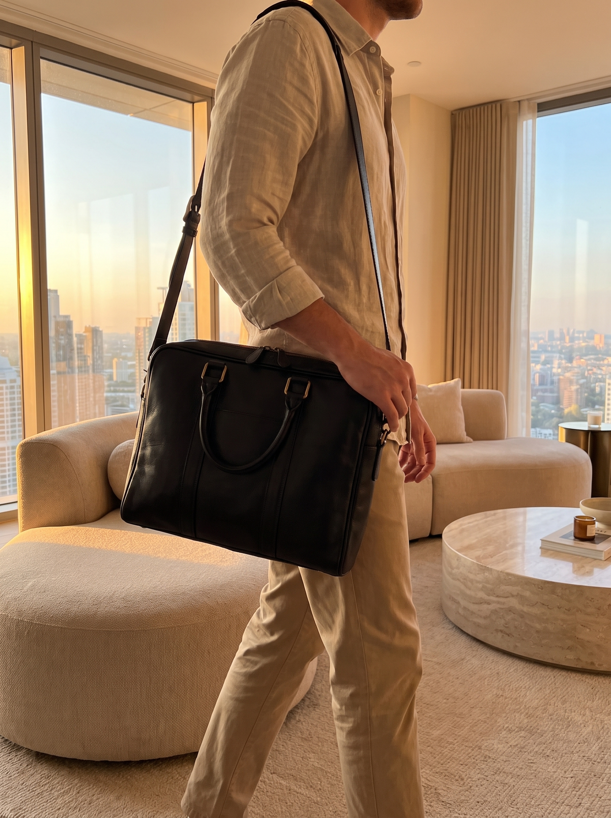 Black Leather Messenger Bag worn across the body