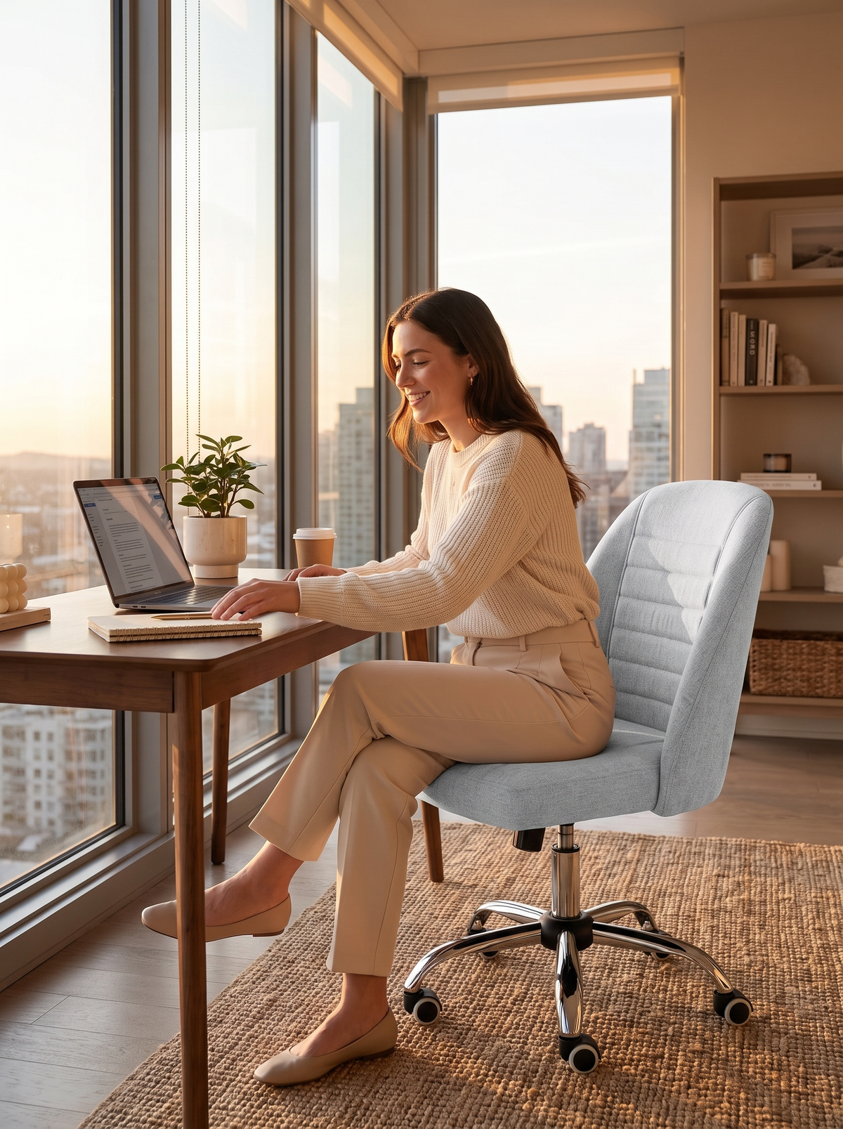 Linen armless office desk chair in a home office