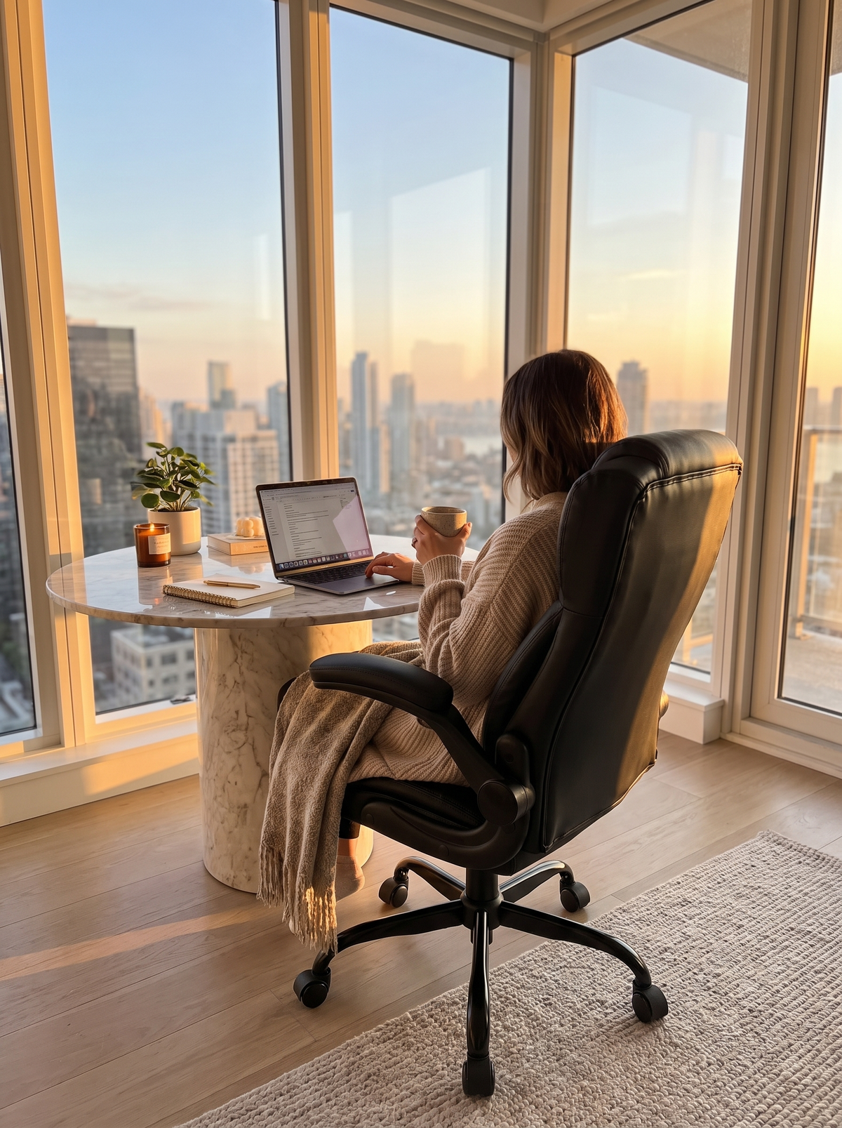 Ergonomic black leather office chair for shorter users