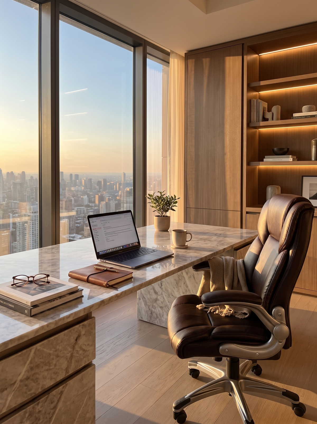 Brown leather executive chairs in an office