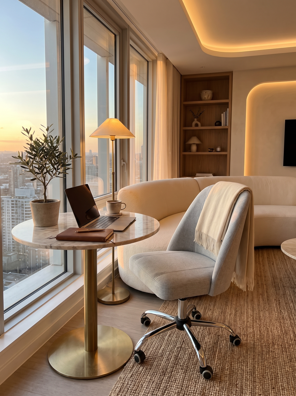 Linen office chair in a compact space
