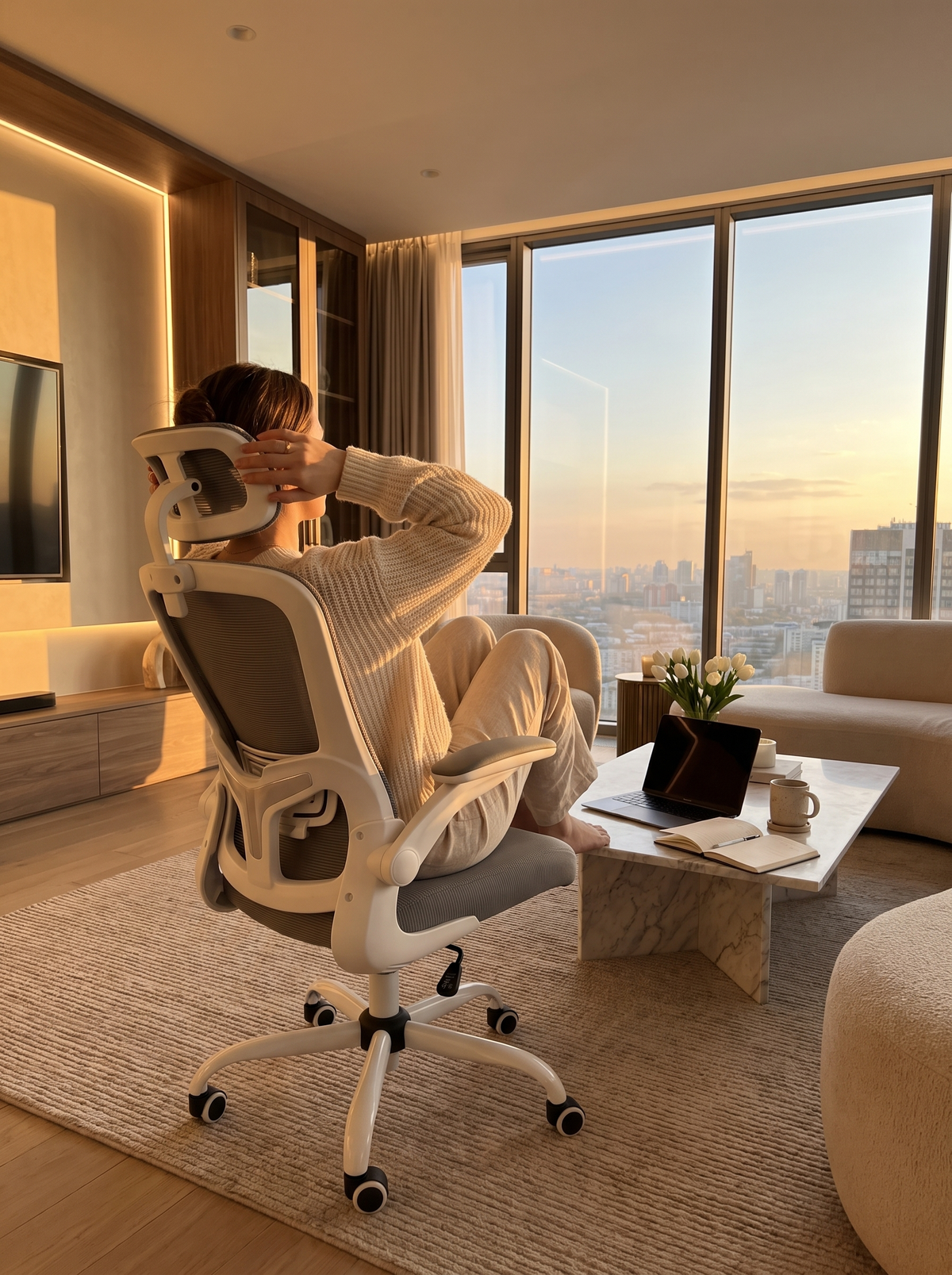 Ergonomic chair adjusted at a desk