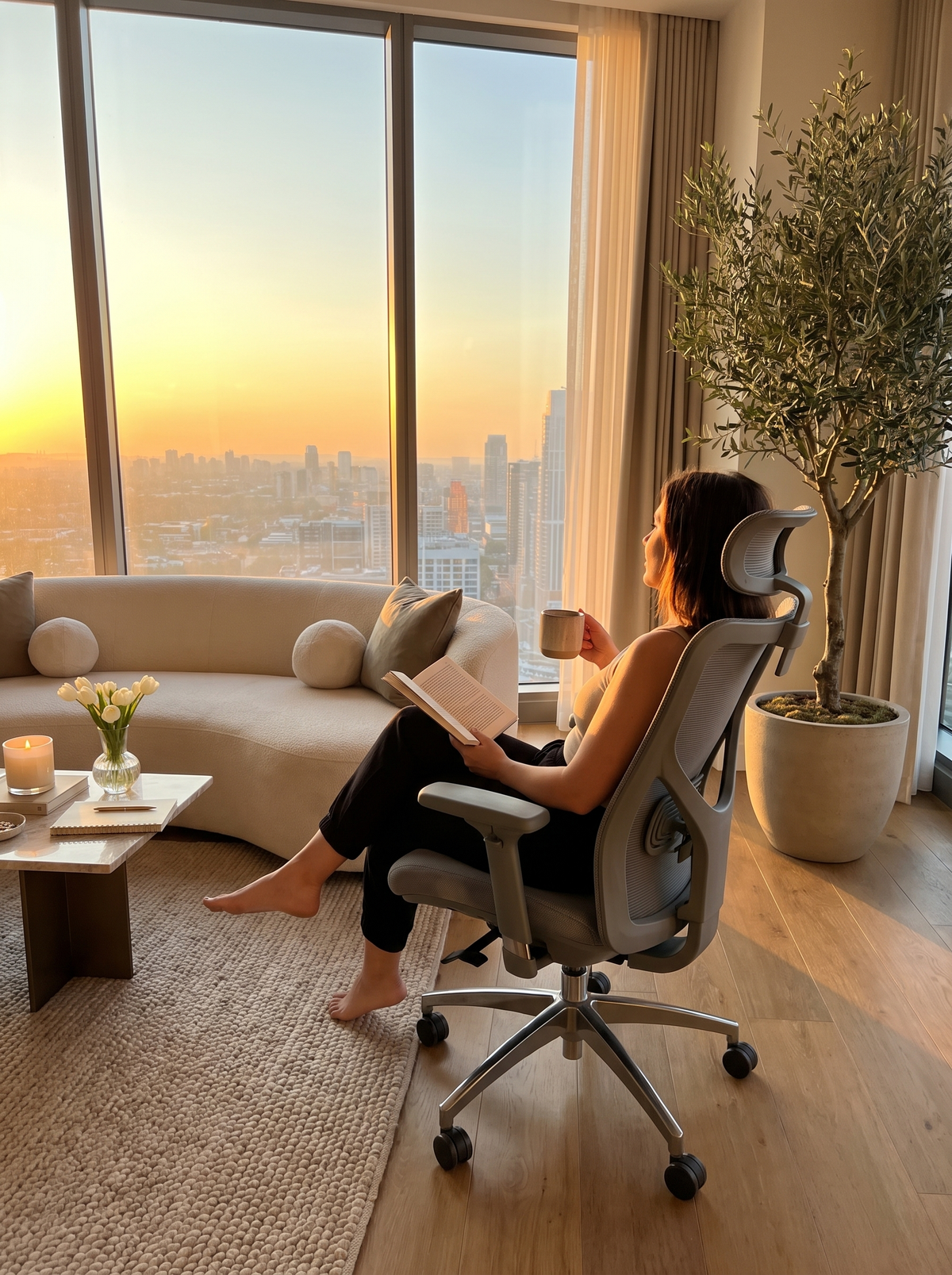 Grey ergonomic office chair with headrest