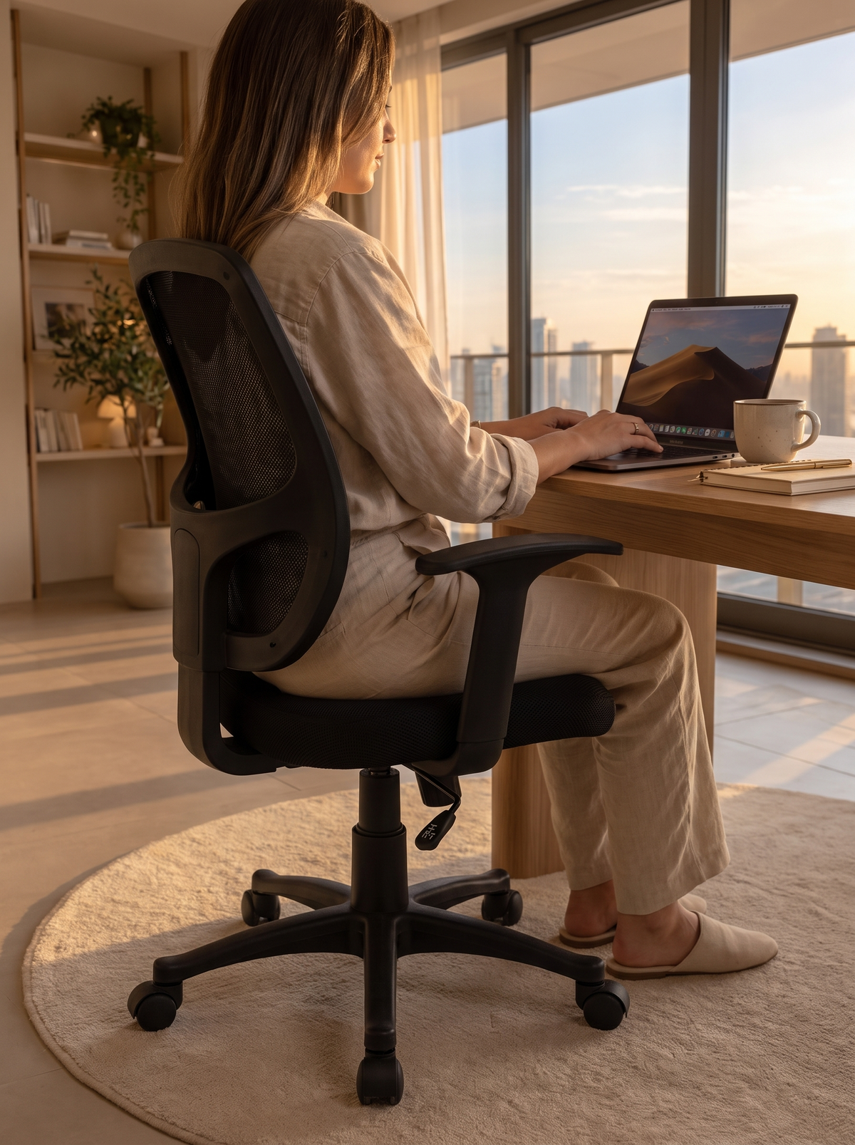 Mesh office chair height adjusted at a desk