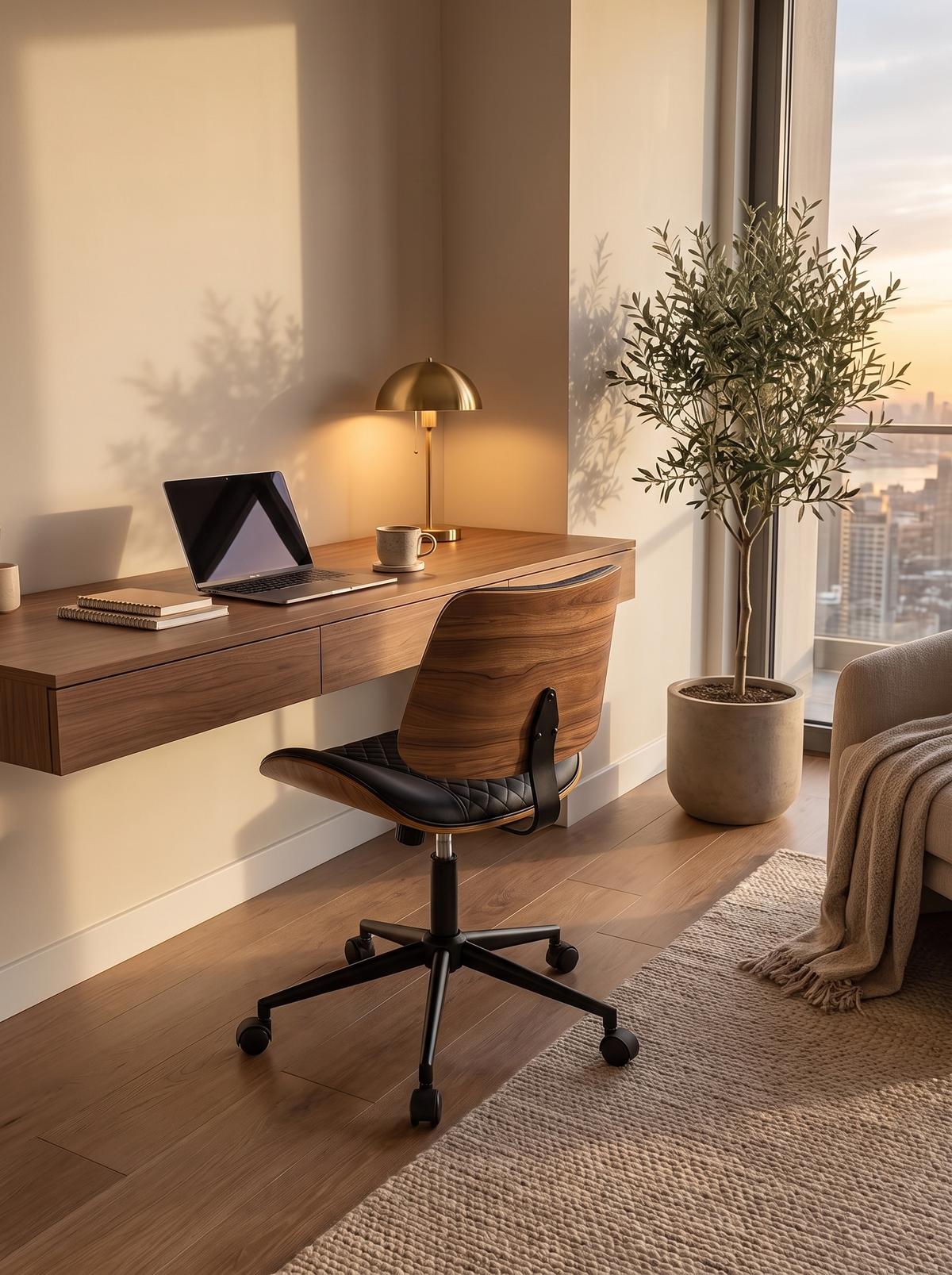 Armless black swivel office chair under a desk