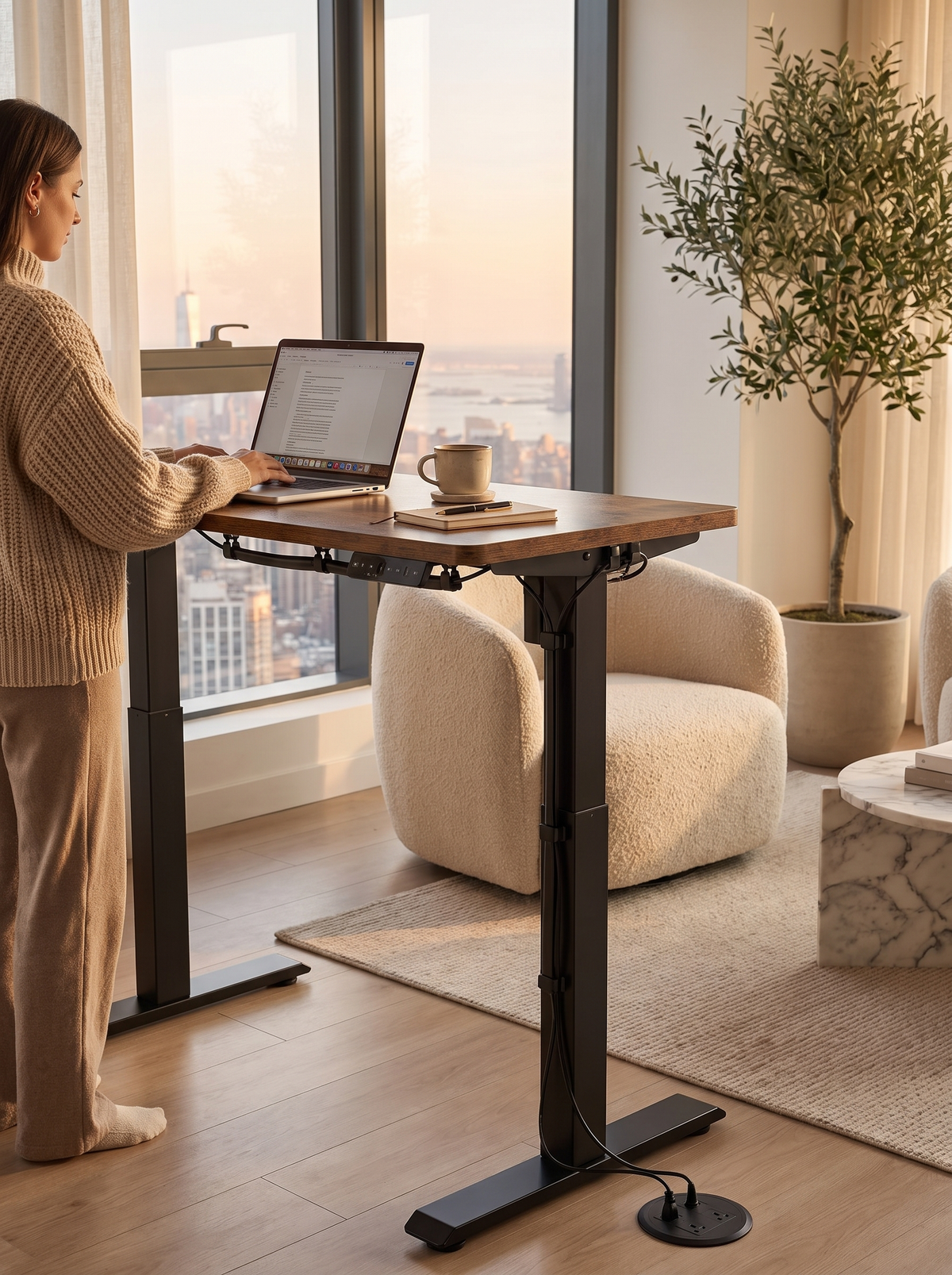 Standing desk with cable clips