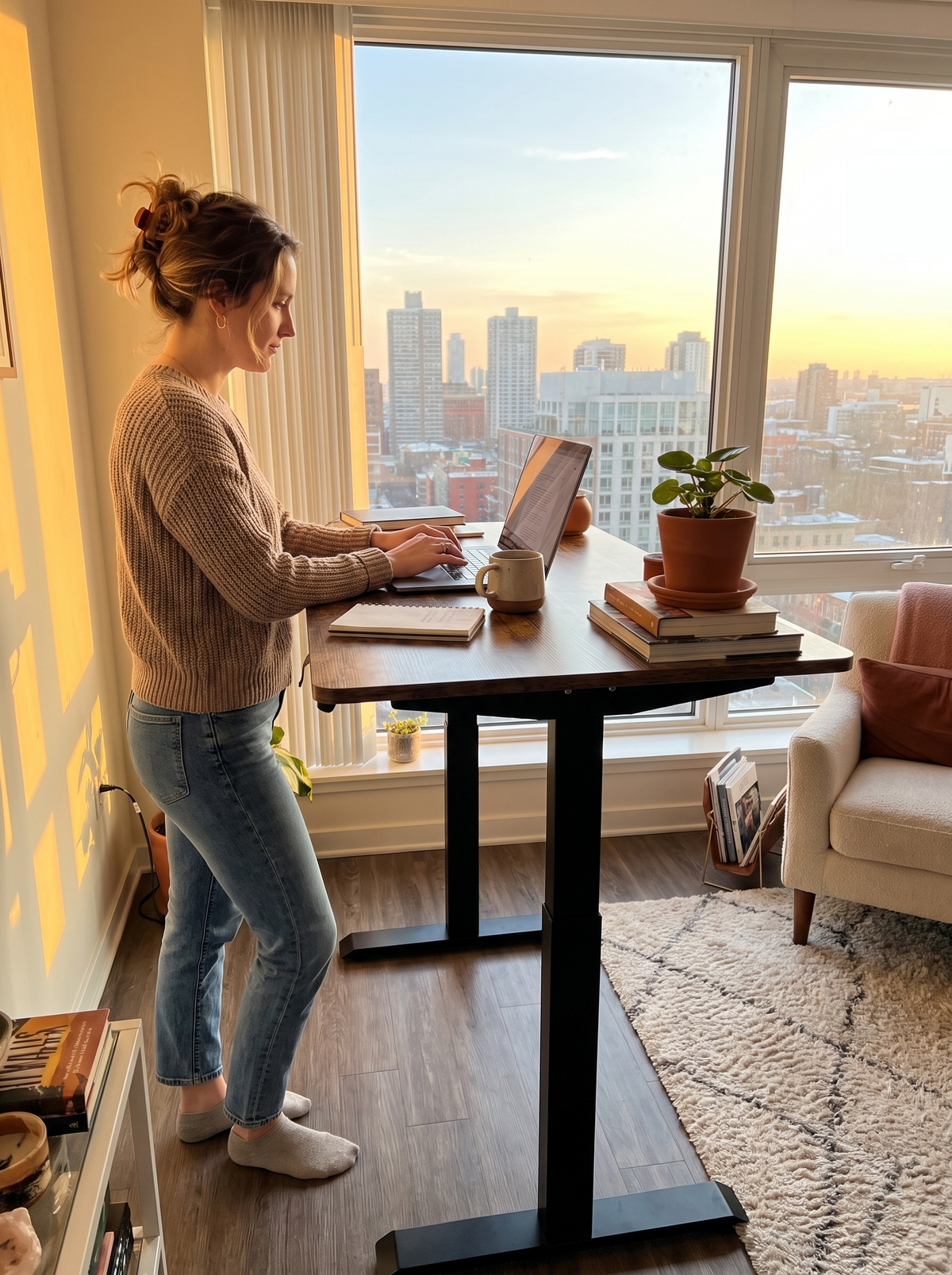 Brown standing desk in a home office