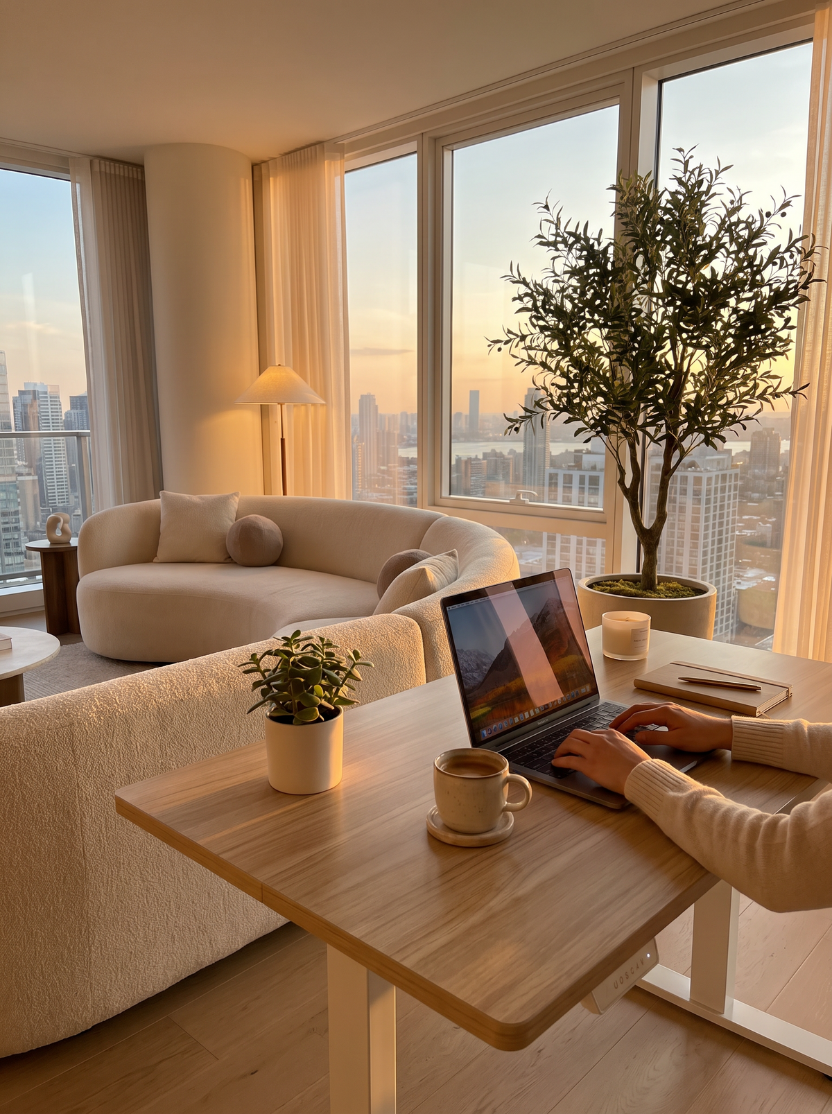 Light walnut standing desk in a home office