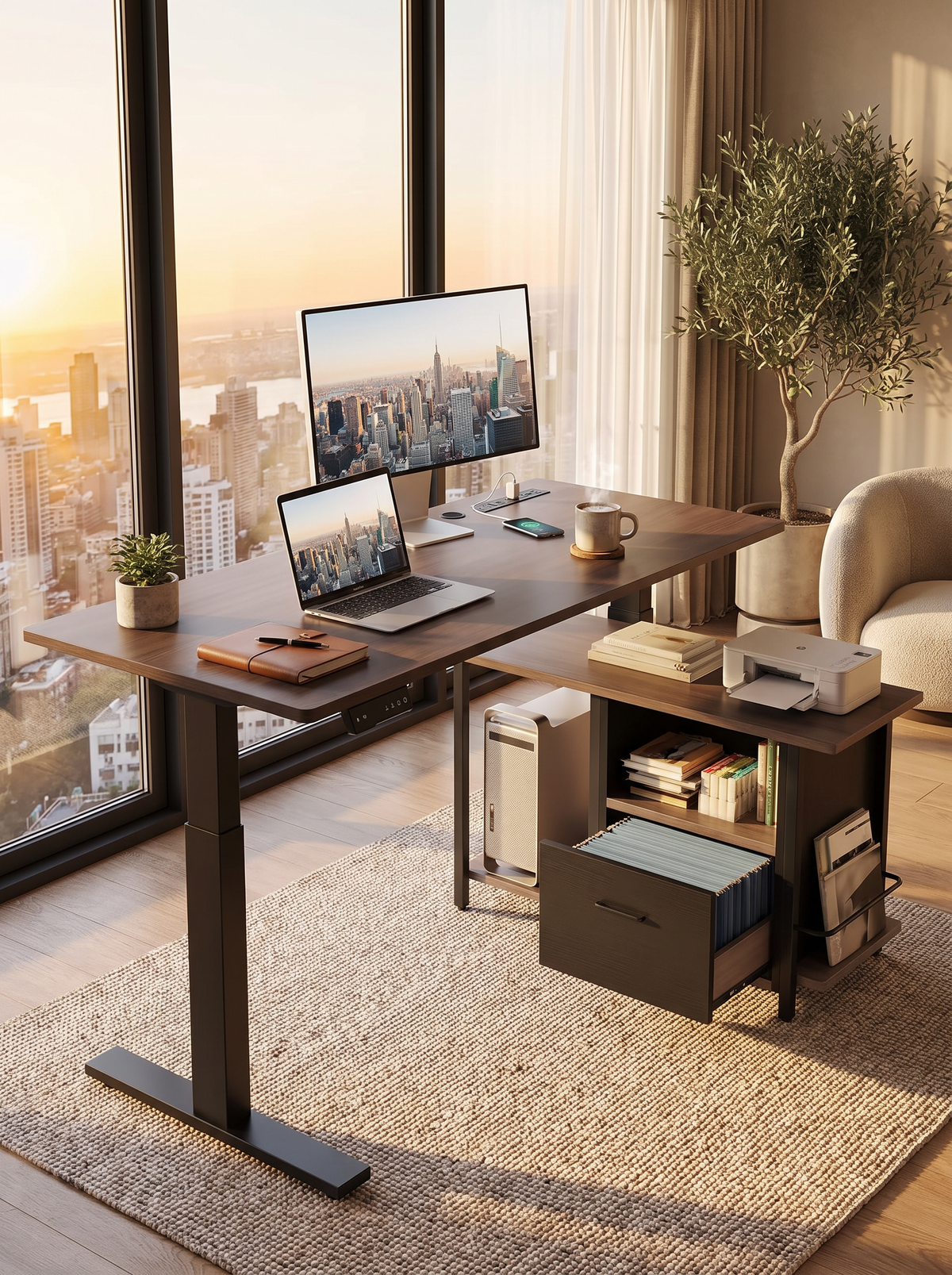 L shaped standing desk drawers and shelves