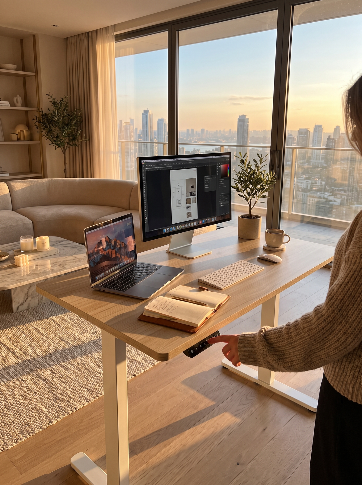 Light walnut standing desk with memory settings