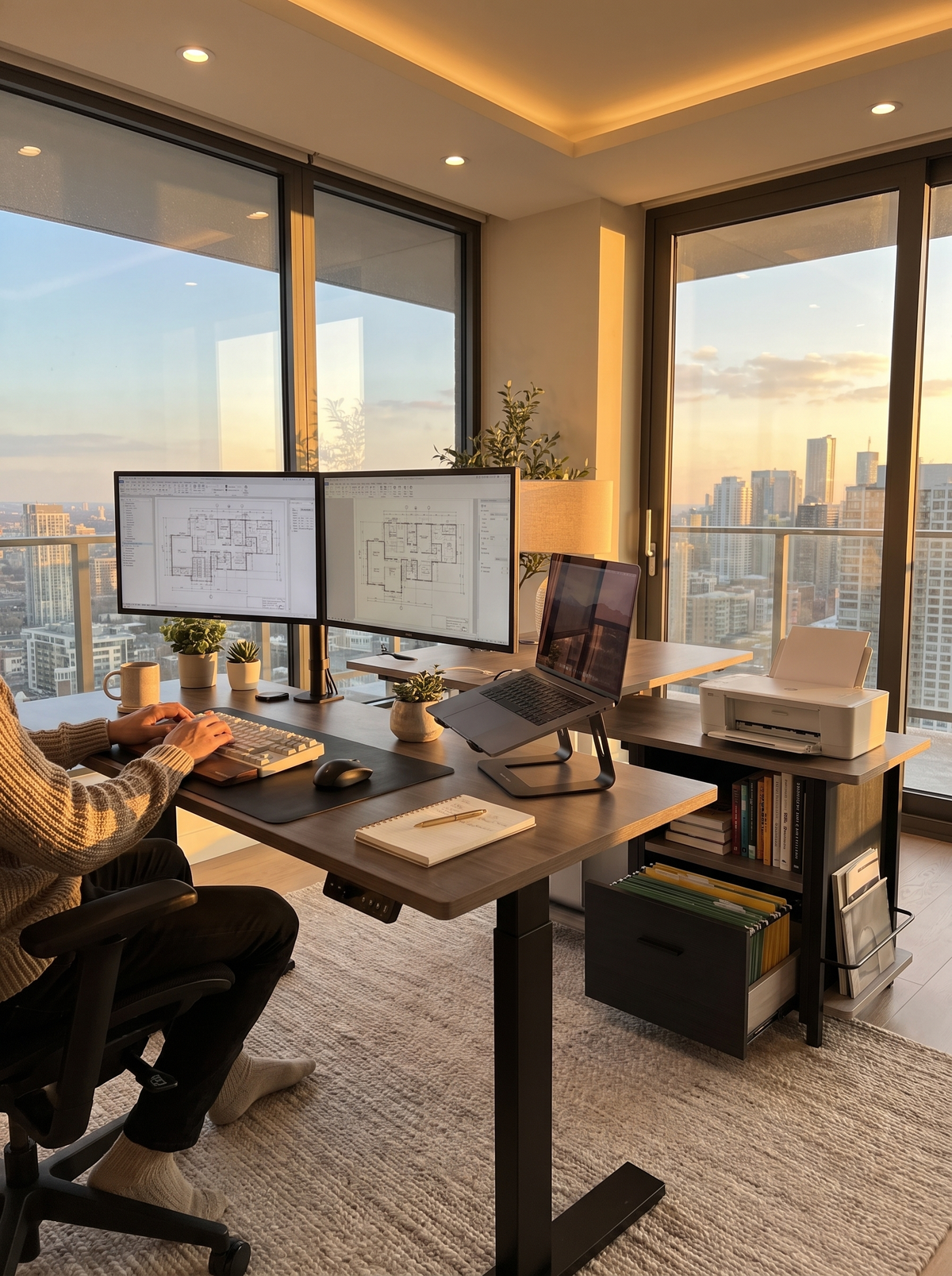 L shaped standing desk with monitors