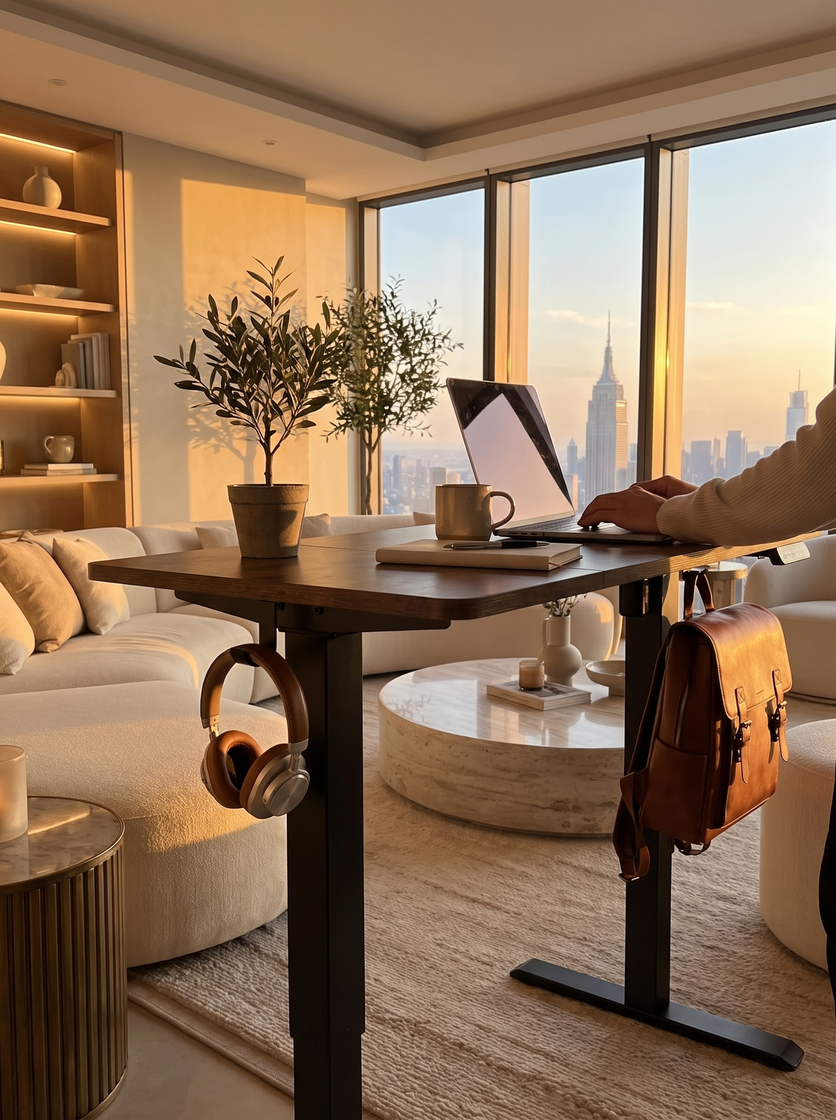 Standing desk with side hooks