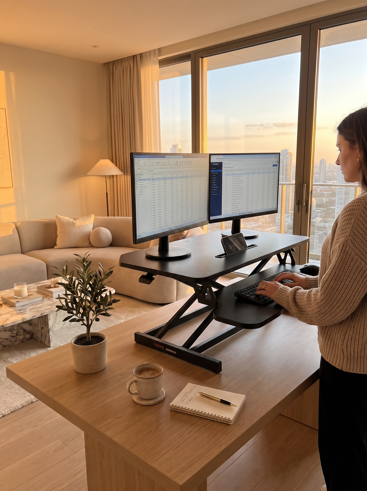 Two level standing desk converter with keyboard tier