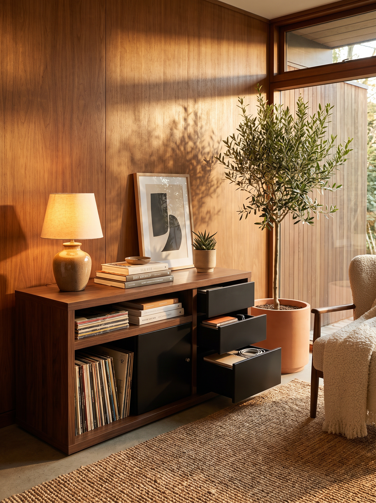 Walnut warmth, mid century style lifestyle image
