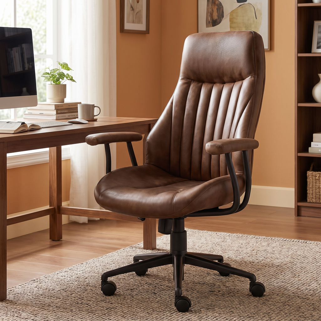 Dark brown ergonomic executive office chair beside a desk in a home office