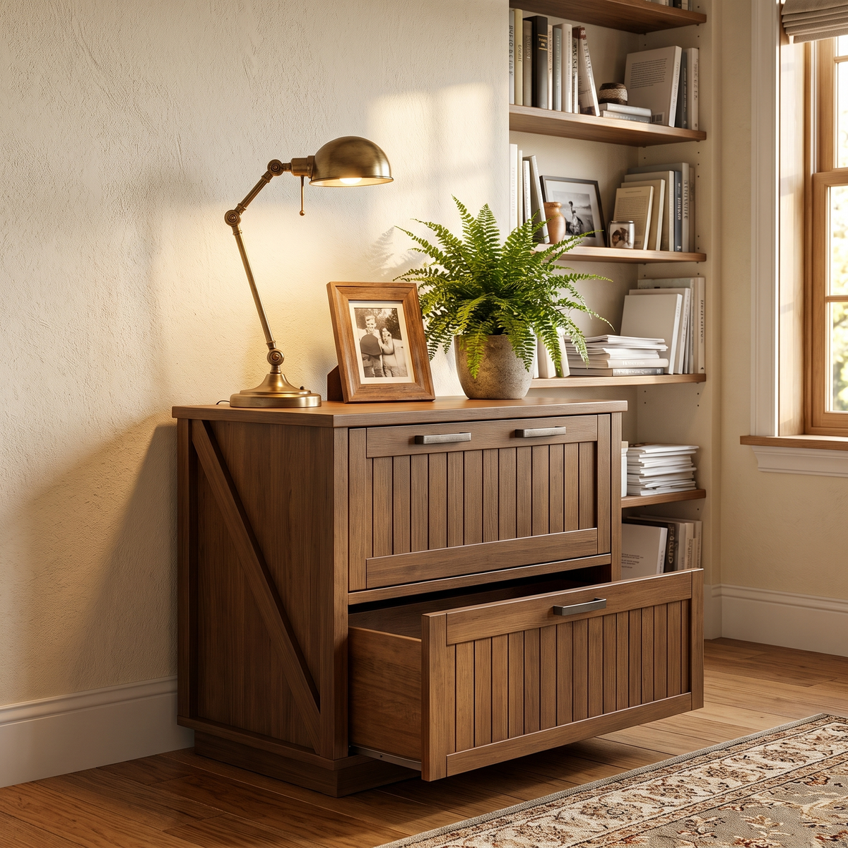 Brown farmhouse two drawer filing cabinet against a wall in a home office