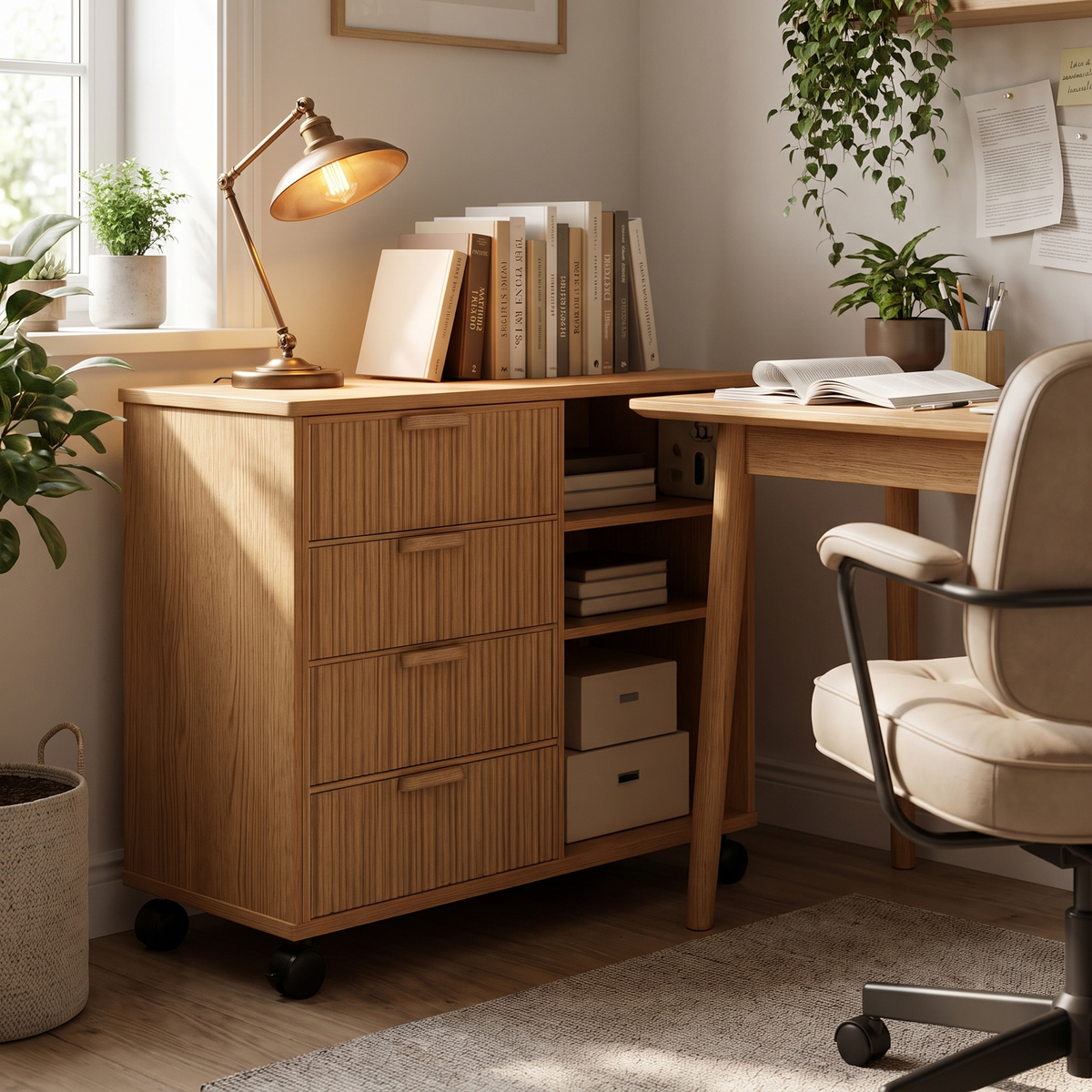 Oakwood five drawer fluted filing cabinet beside a desk in a home office