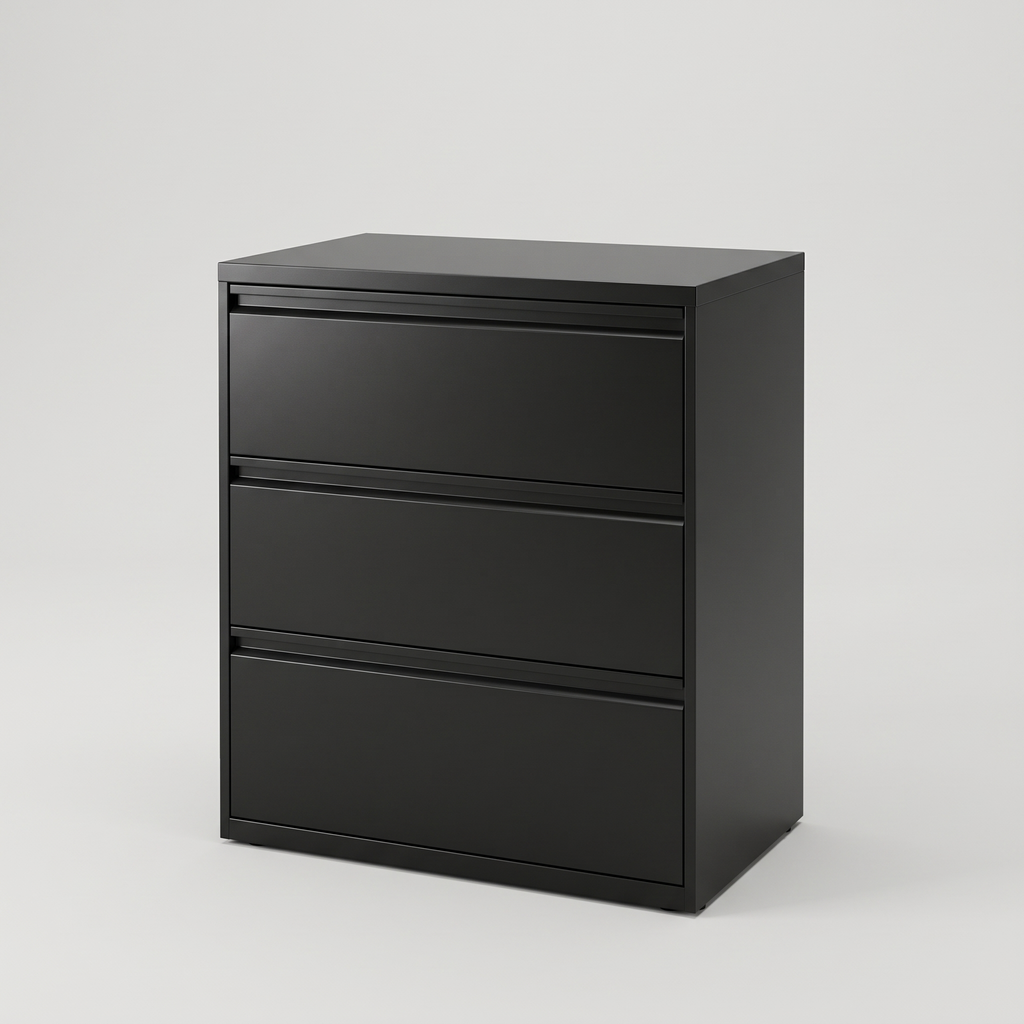 Black steel three drawer lateral filing cabinet, studio product shot
