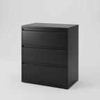 Black steel three drawer lateral filing cabinet, studio product shot