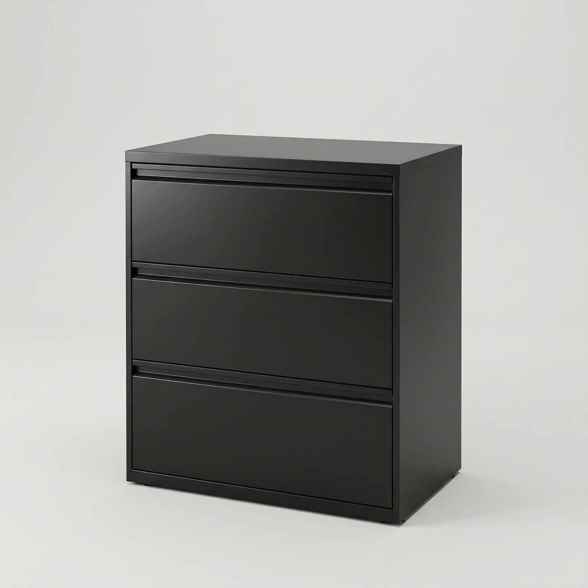 Black steel three drawer lateral filing cabinet, studio product shot