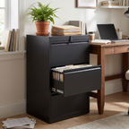 Black steel three drawer lateral filing cabinet in a home office