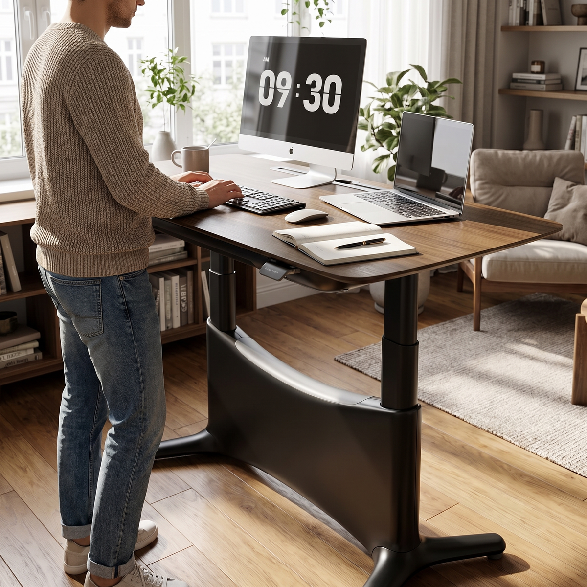 Walnut and black electric standing desk raised to standing height in a home office