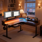 Dark walnut 60 inch electric standing desk with monitor shelf and RGB lighting at dusk