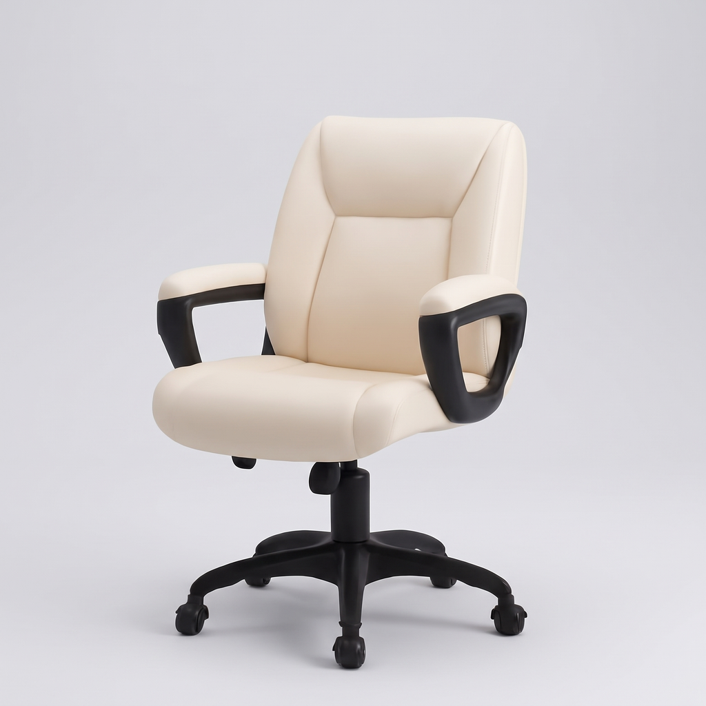 Cream padded mid-back office chair, studio product shot