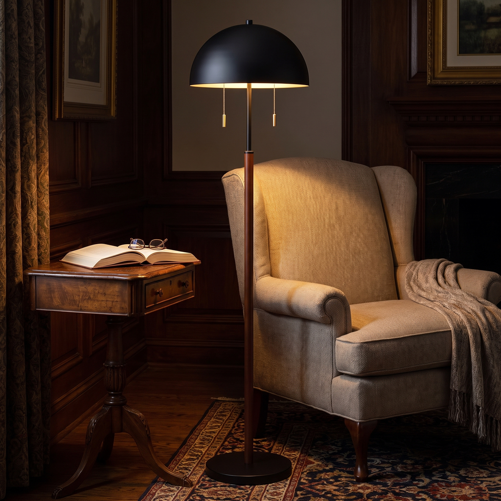 Black iron two-light floor lamp beside an armchair in the evening