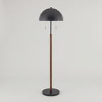 Black iron two-light floor lamp, studio product shot