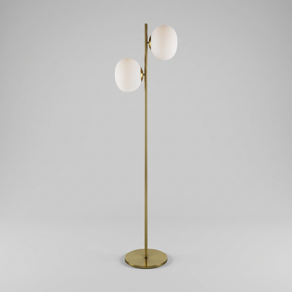 Brass and white glass two-light floor lamp, studio product shot