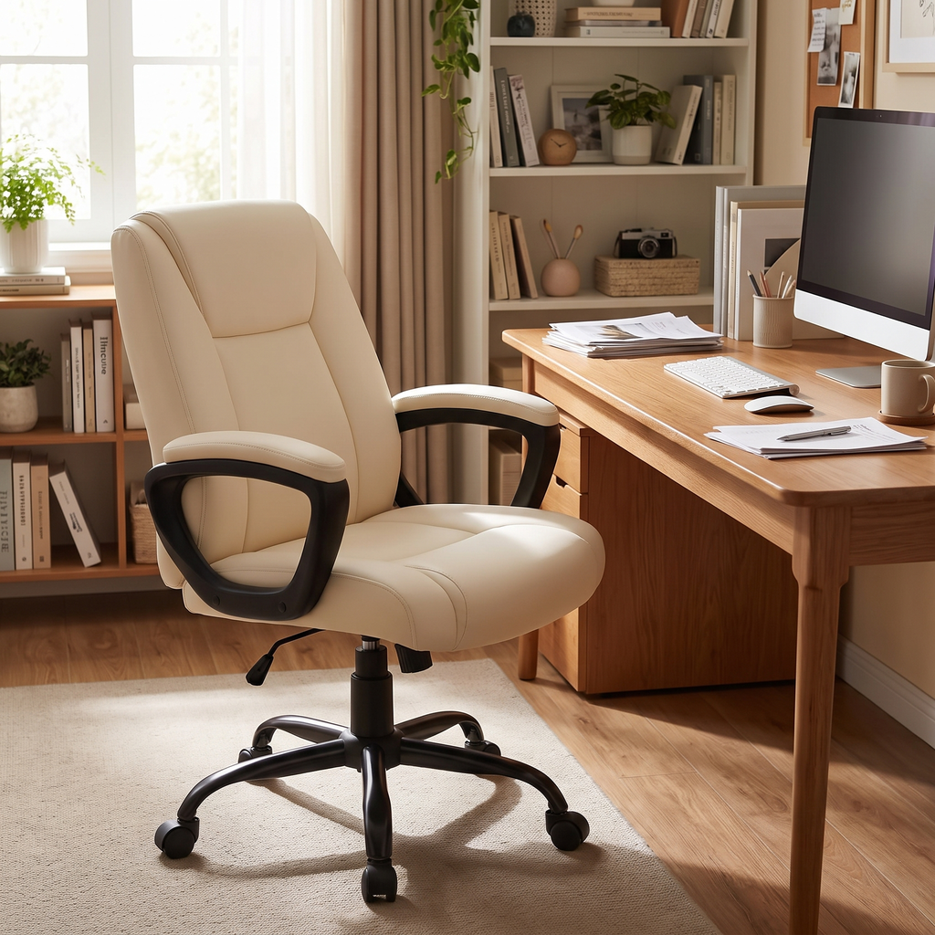 Cream padded mid-back office chair beside a desk in a home office