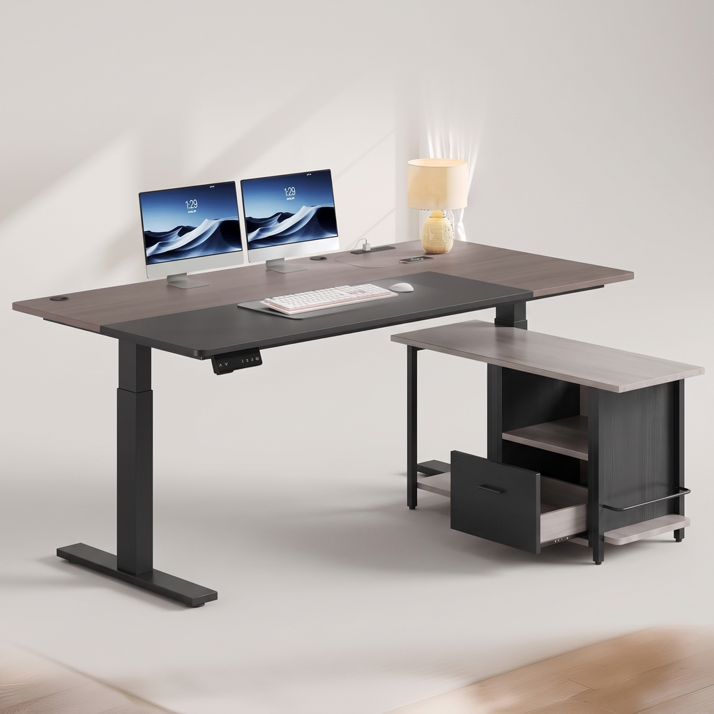 L shaped electric standing desk, studio product shot